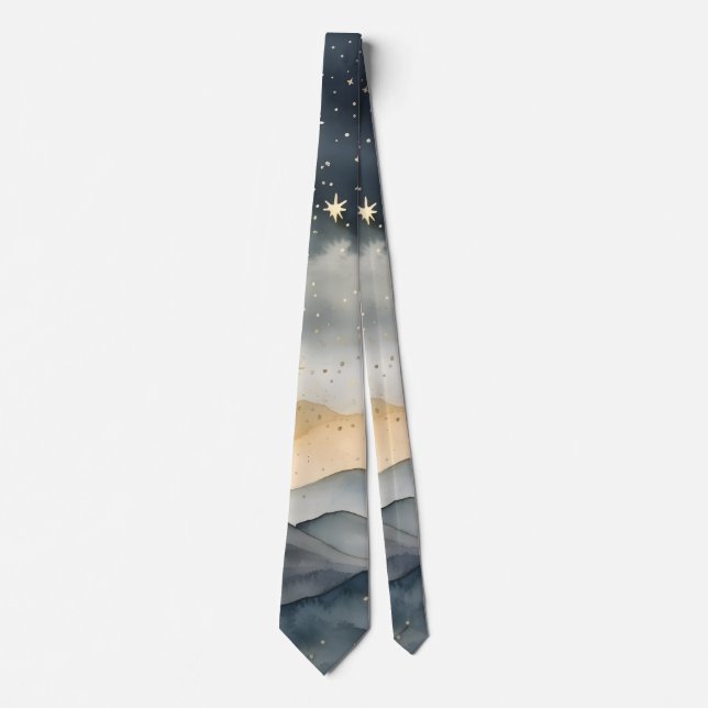 Christmas Mountain Sky Stars Blue Grey Tie (Front)