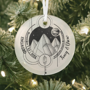 Christmas Mountain Star Night Couple Engage Black Glass Ornament