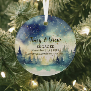 Christmas Mountain Starry Hiking Couple Engagement Glass Ornament