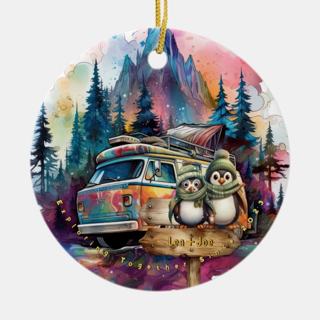 Christmas Mountain Watercolor Newlywed Couple Ceramic Ornament (Front)