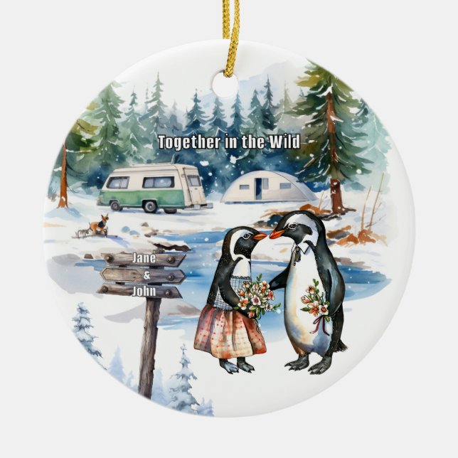 Christmas Mountain Watercolor Newlywed Couple Ceramic Ornament (Front)