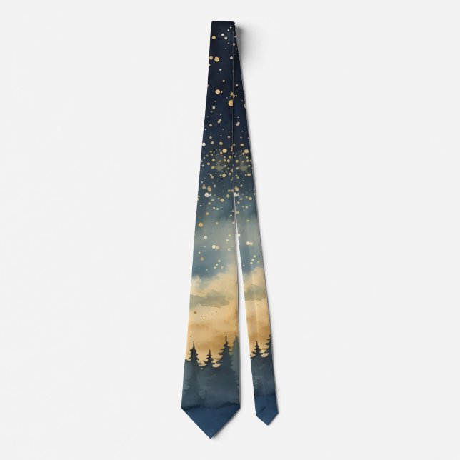 Christmas Mountains Trees Skyline Stars Blue Grey Tie (Front)