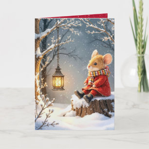 Christmas Mouse and Forest Lantern In Snowflakes Card