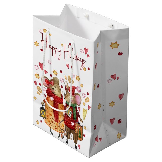 Christmas Mouse Couple with Lantern  Medium Gift Bag (Front Angled)