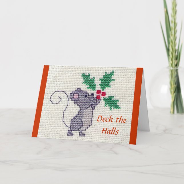 Christmas Mouse Cross Stitch Holiday Card (Front)