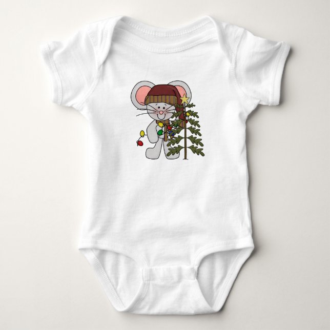 Christmas Mouse Decorating Tree Baby Bodysuit (Front)