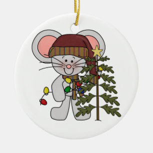 Christmas Mouse Decorating Tree Ceramic Ornament
