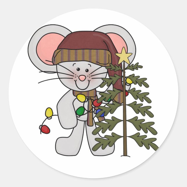 Christmas Mouse Decorating Tree Classic Round Sticker (Front)