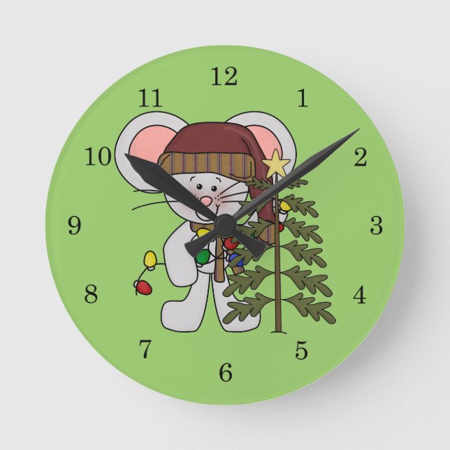 Christmas Mouse Decorating Tree Round Clock (Front)