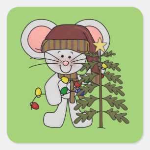 Christmas Mouse Decorating Tree Square Sticker