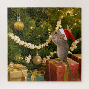 Christmas Mouse Eating Popcorn Garland on Tree Jigsaw Puzzle