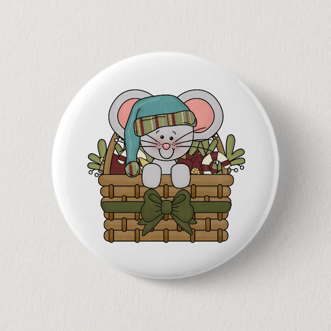Christmas Mouse in Basket 2 Inch Round Button (Front)