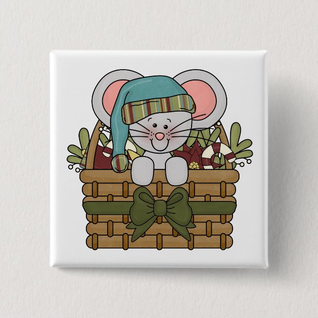 Christmas Mouse in Basket 2 Inch Square Button (Front)
