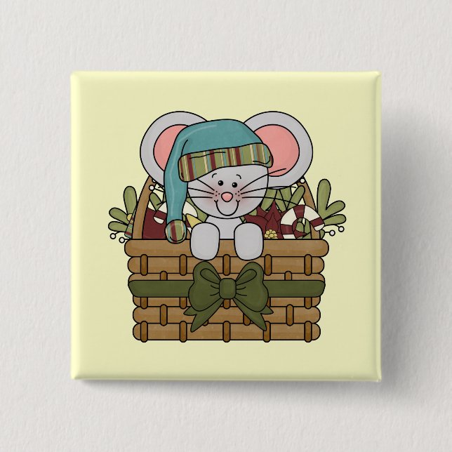 Christmas Mouse in Basket 2 Inch Square Button (Front)