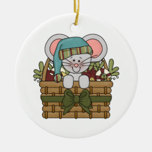 Christmas Mouse in Basket Ceramic Ornament