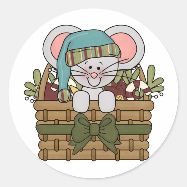 Christmas Mouse in Basket Classic Round Sticker (Front)