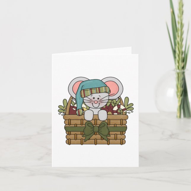 Christmas Mouse in Basket Holiday Card (Front)