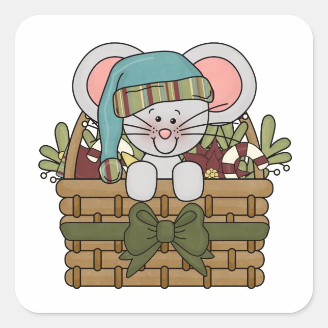 Christmas Mouse in Basket Square Sticker (Front)