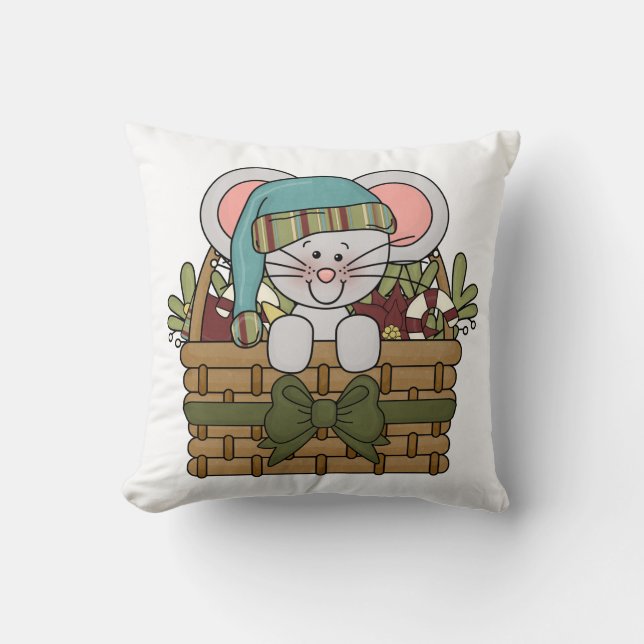 Christmas Mouse in Basket Throw Pillow (Front)