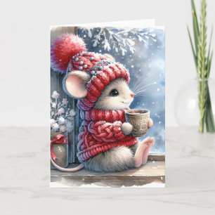 Christmas Mouse In Window With Hot Cocoa Card