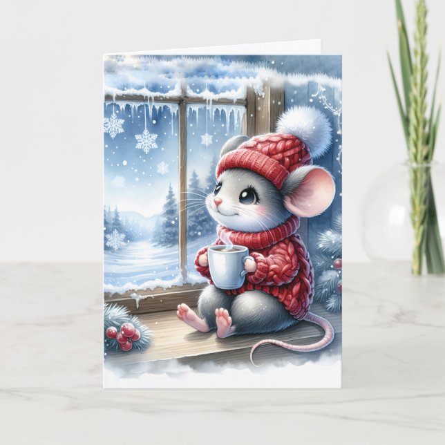 Christmas Mouse In Window With Hot Cocoa Card (Front)