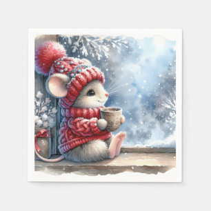 Christmas Mouse In Window With Hot Cocoa Napkin