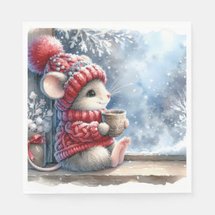 Christmas Mouse In Window With Hot Cocoa Napkin