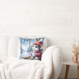 Christmas Mouse In Window With Hot Cocoa Throw Pillow