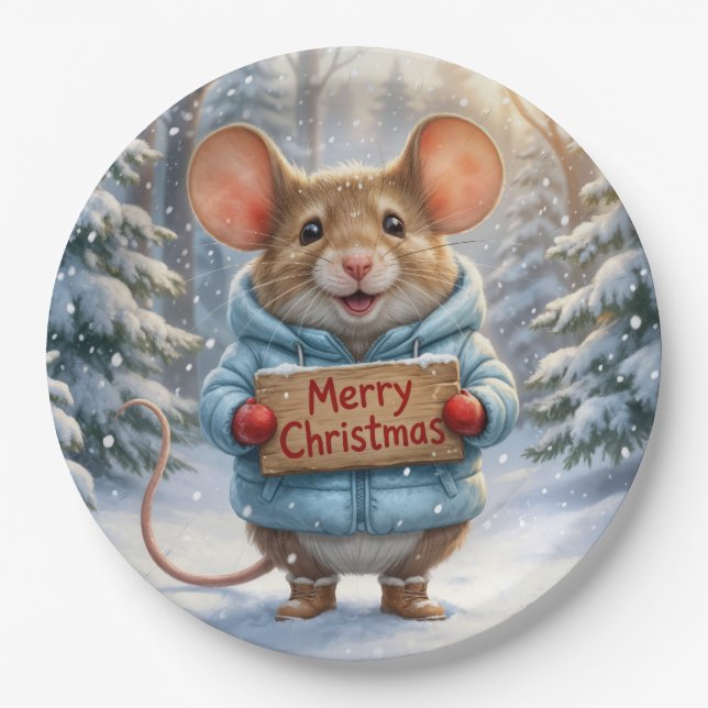 Christmas Mouse In Winter Forest Paper Plate (Front)