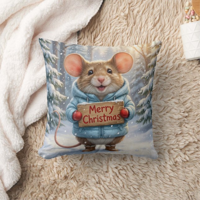 Christmas Mouse In Winter Forest Throw Pillow (Blanket)