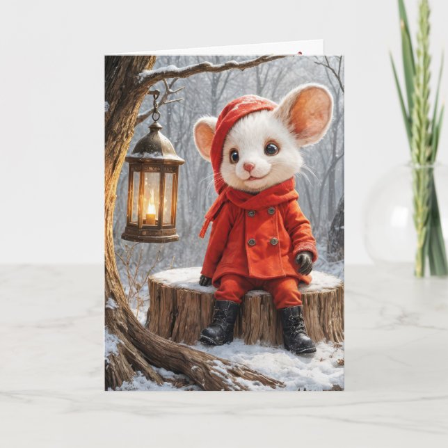 Christmas Mouse On Tree Stump Holiday Card (Front)