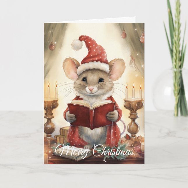 Christmas Mouse reading Holiday Card (Front)