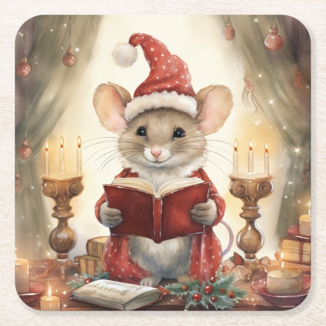 Christmas Mouse reading Square Paper Coaster (Front)