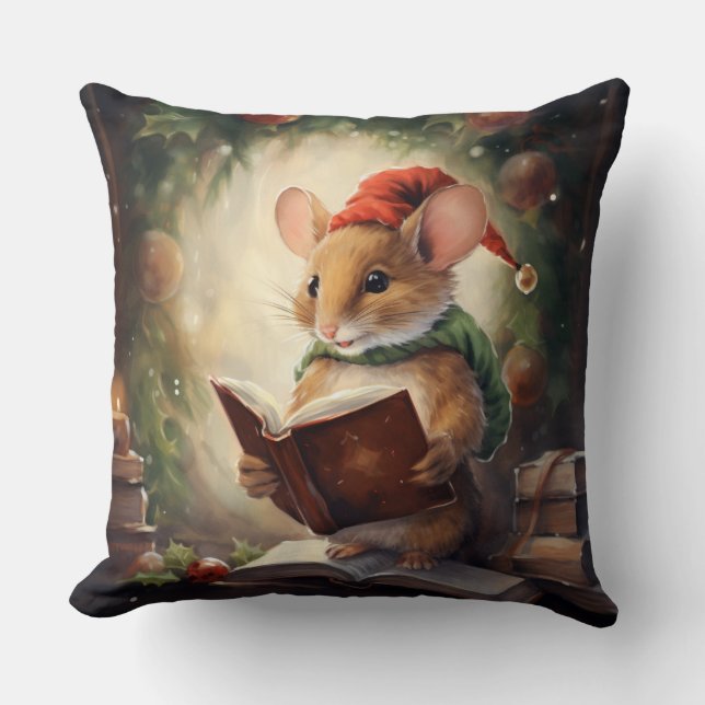 Christmas Mouse reading Throw Pillow (Front)