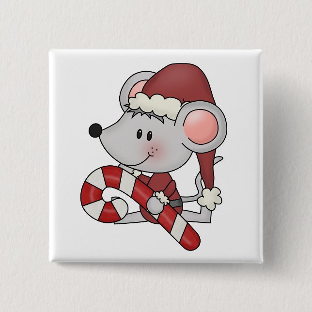 Christmas Mouse With Candy Cane 2 Inch Square Button (Front)