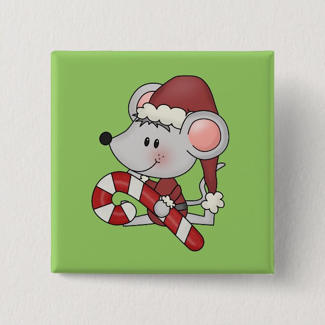 Christmas Mouse With Candy Cane 2 Inch Square Button (Front)