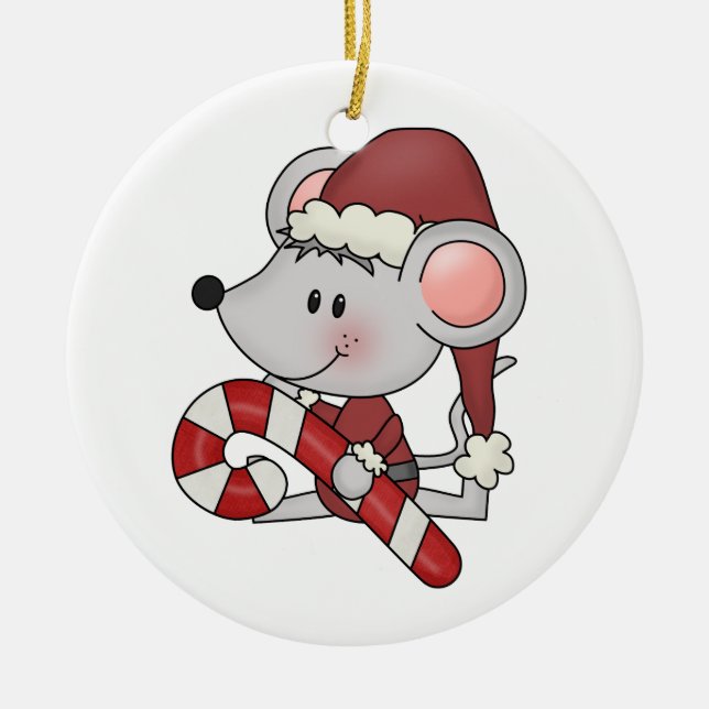 Christmas Mouse With Candy Cane Ceramic Ornament (Front)