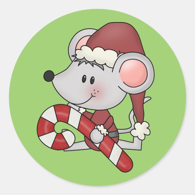Christmas Mouse With Candy Cane Classic Round Sticker (Front)