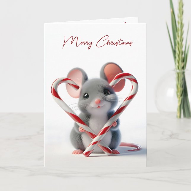 Christmas Mouse With Candy Cane Heart Holiday Card (Front)