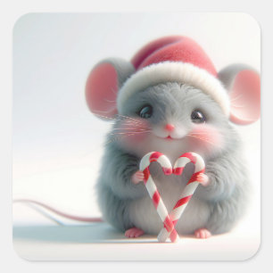 Christmas Mouse With Candy Cane Heart Square Sticker