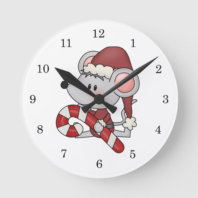 Christmas Mouse With Candy Cane Round Clock (Front)