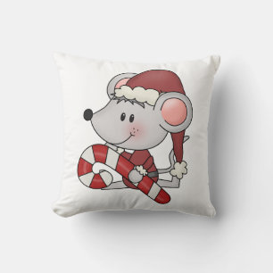Christmas Mouse With Candy Cane Throw Pillow
