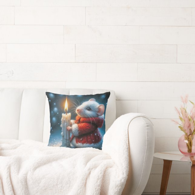Christmas Mouse With Glowing Candle Throw Pillow (Couch)