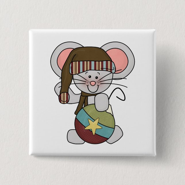 Christmas Mouse With Ornament 2 Inch Square Button (Front)