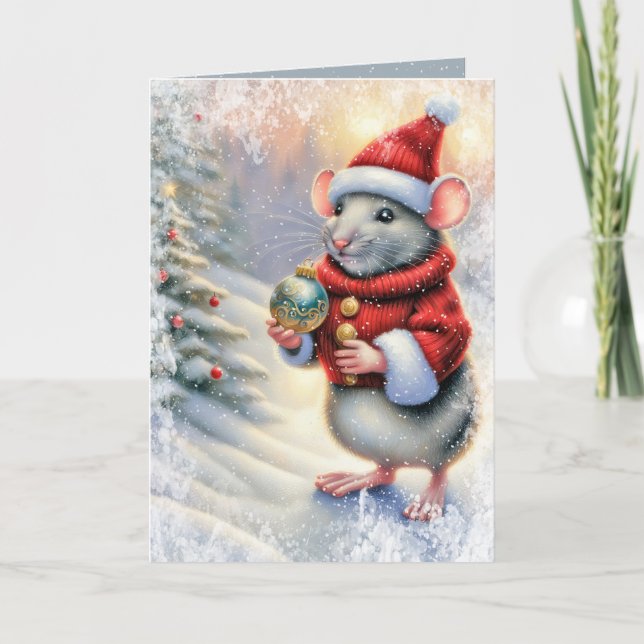 Christmas Mouse With Ornament Holiday Card (Front)