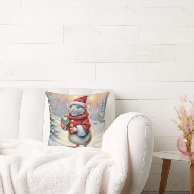 Christmas Mouse With Ornament Throw Pillow (Couch)