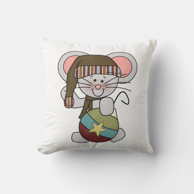 Christmas Mouse With Ornament Throw Pillow (Front)