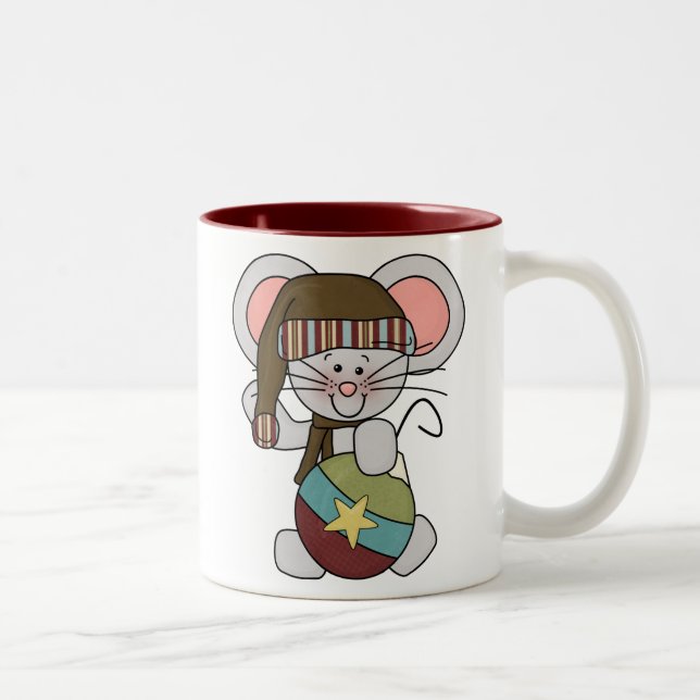Christmas Mouse With Ornament Two-Tone Coffee Mug (Right)