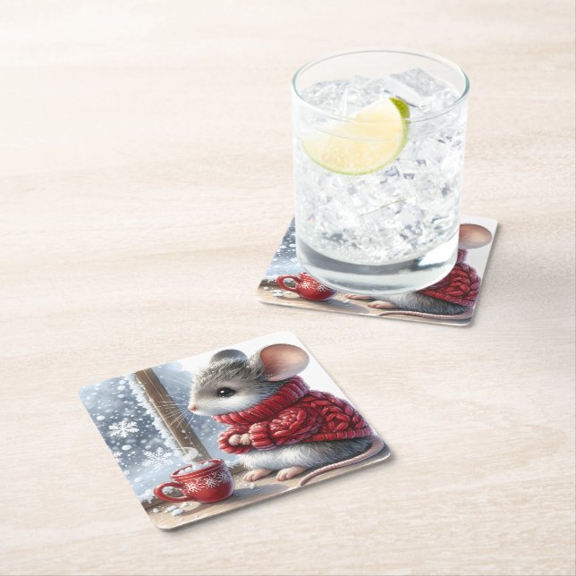 Christmas Mouse With Steaming Hot Cocoa Square Paper Coaster (Insitu)