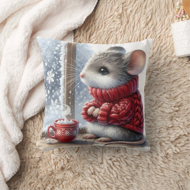 Christmas Mouse With Steaming Hot Cocoa Throw Pillow (Blanket)